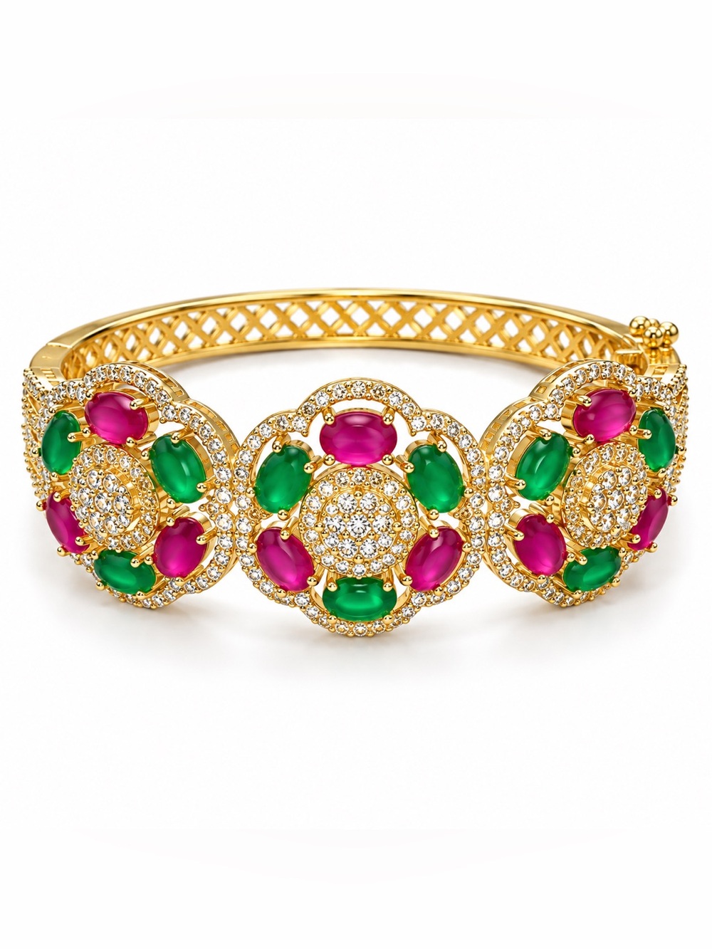 Gold Plated Floral Bangle with Pink and Green Gem Stones 🆕